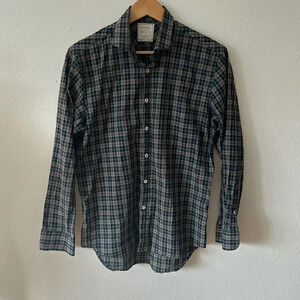 Billy Reid sz M men’s button down plaid shirt navy grey orange green great cond